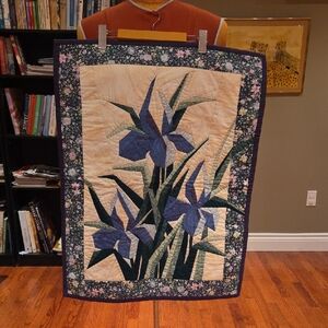 Floral Quilt with Blue and Green Iris Design